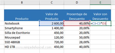crear formula de descuento en excel